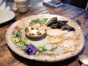 First salad, yam, seaweed and oyster mushroom pa cake with fermented vege.   at Kkot Bape Pida - 꽃 밥에 피다 A Flower Blossom on the Rice in Seoul