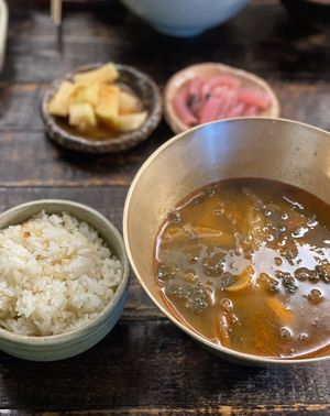 Chaegaejang. The spicy traditional vegetable soup with rice.   at Kkot Bape Pida - 꽃 밥에 피다 A Flower Blossom on the Rice in Seoul