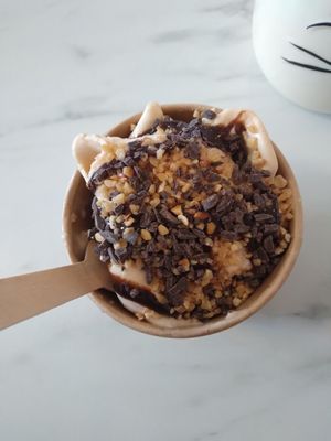 Rolled vanilla and caramel ice cream with chocolate souce, hazelnuts and chopped chocolate. at Saeta Húsið in Reykjavik