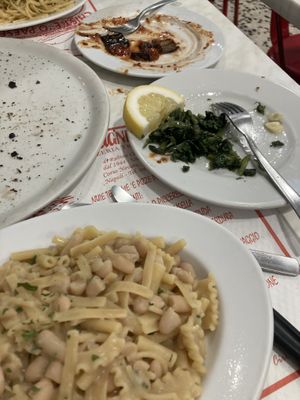 Pasta e fagioli, spinach side, almost finished aubergine side and finished foccacia.  at Scugnizzo in Naples