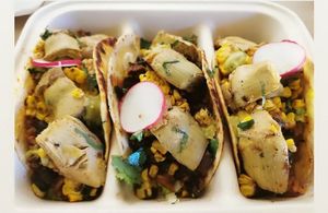 Vegan tacos with artichoke hearts (a day they were out of the chili lime jackfruit)  at Quila's in St Johns