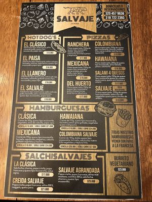 The menu! See the two items marked vegetarian. They can make the burrito vegan.  at Salvaje Gastrobar in San Jose Del Guaviare