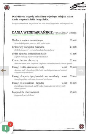 Vegetarian menu (November 2021) at Karczma Sabała in Zakopane