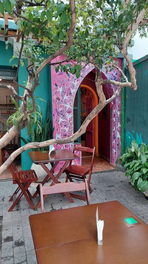 Cute outdoor seating area at Maha Mantra in Sao Paulo