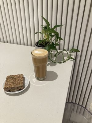 Coffee with plant milk and vegan oat bar  at Newport Coffee House in Evanston