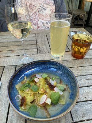 Artichoke, roasted garlic and truffle ravioli, crispy shallots, watercress, extra virgin rapeseed oil. BEST RAVIOLI I’VE EVER HAD. Should have had this as a bigger size for main  at Bear Inn in Cirencester