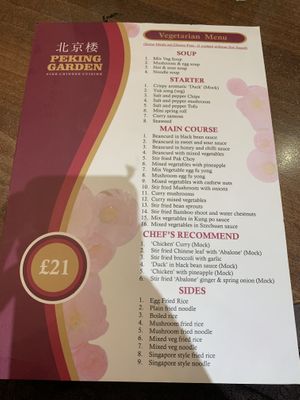 Vegetarian menu (most can be made vegan on request)   at Peking Garden in Stockton-on-tees