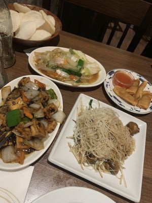 Beancurd in blackbean / stir-fried pak choi / mini spring rolls / stir fried mushroom noodles  at Peking Garden in Stockton-on-tees