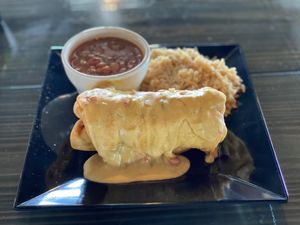 Vegan Chimichanga 
With Vegan Rice & Beans  at Torque Grill & Cantina in Burleson