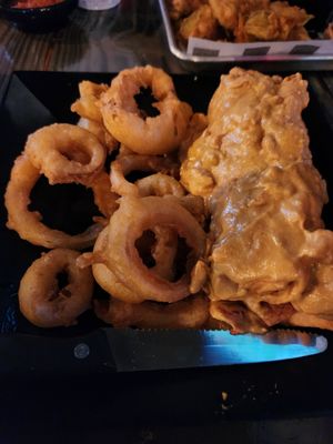 Vegan chimichanga and onion rings at Torque Grill & Cantina in Burleson