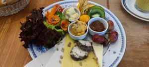 Big salty breakfast ( with bread roll and and precel) at Tattoo-Café Peckerl in Dresden