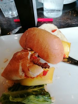 Uninspired burger minus salad and pickles. at The Bell in Broughton