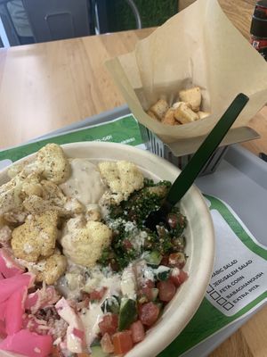 Cauliflower bowl and pita chips   at Hummus Bay in Bradenton