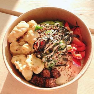 Seasonal winter bowl with a mix of starters, cauliflower wings, kale, roasted tempeh and hummus 🥬 🥗 🥦  at Livity Cafe in North London