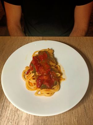 Pasta con i tenerumi rielaborata (piatto tipico siciliano) con pezzi di anguria essiccati al forno at Nova Food Pairing  in Palermo