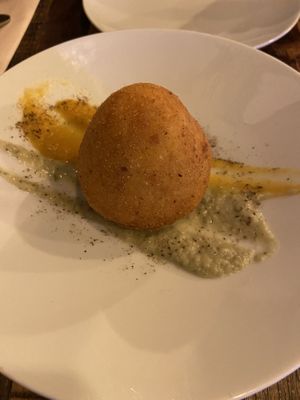 Pumpkin arancina with fennel and pumkin creamm  at Nova Food Pairing  in Palermo