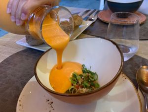 Mango Salmorejo: The best cold soup I've ever tasted!  at Alium Tapería in Vigo