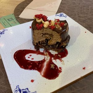 Chocolate Mousse Passion Fruit Tart: An absolute must-try dessert!  at Alium Tapería in Vigo