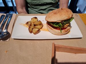 Burger with piperrada, delicious at Penguin Bar in Bilbao