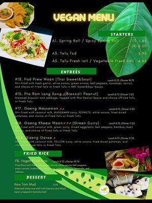 Vegan menu at Bai Mai Thai in Detroit