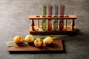 Pani Puri / India's leading street snack. Onion, chickpeas, coriander stuffed in crispy puri served with spiced water (pani) at Rubina in Kanazawa