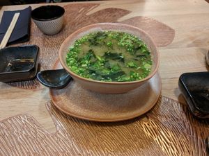 Misoshiru (miso soup with silken tofu and wakame) at Tako Yaki in Torun
