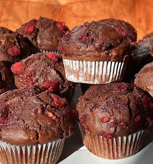 Homemade vegan dark chocolate & raspberry muffins at Cafe Glow  in Edinburgh