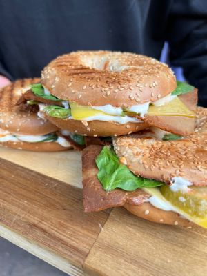 Vegan “bacon&cheese”, pickles and chipotle mayo bagels at Cafe Glow  in Edinburgh