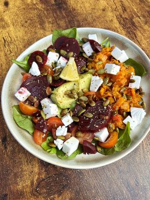New RED & WHITE BOWL, with vegan feta, spicy sweet potato mash and pickled beetroot  at Cafe Glow  in Edinburgh