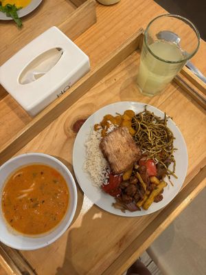 Day one, vege lomo saltado, pesto noodles, soya steak, curry and rice. 12 soles! at ConSuLado Vegano in Lima