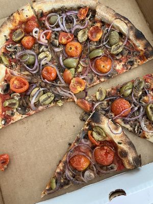 Mushrooms, green olives, onions and tomatoes.   at The Nona Slice House in Safety Harbor