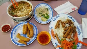 joy noodle soup, crispy strips, and lemongrass rice at D'Vegan in Dallas