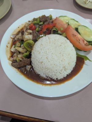 shaken soy beef rice at D'Vegan in Dallas
