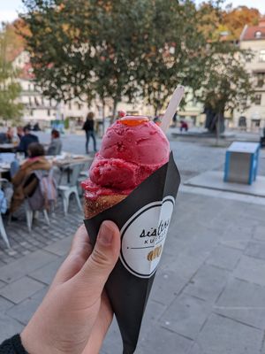 Raspberry ice cream at Sisters Kurtoš in Ljubljana