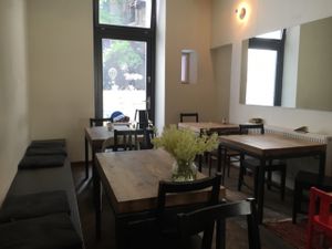 seating at back  at Karma Organic Coffee in Krakow