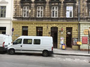 shame about the van in the way at Karma Organic Coffee in Krakow