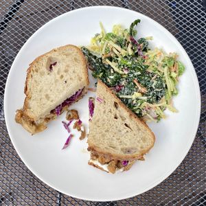 Crispy chix sandwich and side salad   at Botanical Plant-Based Fare in Charlottesville