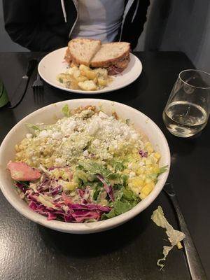 Oyster mushroom sandwich, potato salad, and rainbow salad  at Botanical Plant-Based Fare in Charlottesville