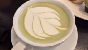 Matcha latte with nice art! at Botanical Plant-Based Fare in Charlottesville