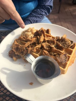 Chik'n and waffles with cashew butter and chili maple 🤍🌱  at Botanical Plant-Based Fare in Charlottesville