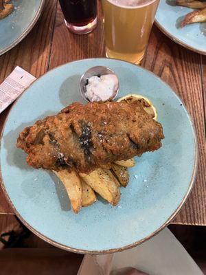 Vegan fish and chips. Banana blossom wrapped in seaweed  at Jeremiah's Taproom in Edinburgh