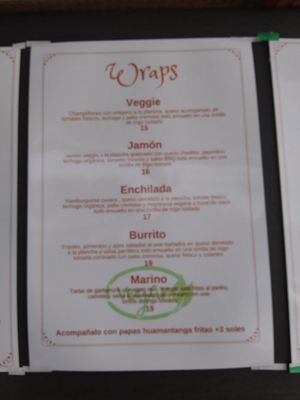 Wrap menu at Cocina Natural in Lima