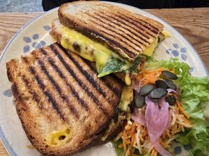 Croque with vegan cheese at Enfants Terribles Café in Rennes