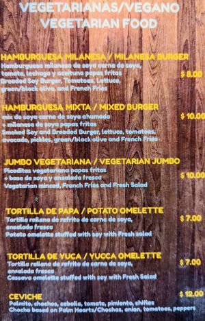 Vegetarian and vegan menu, March 2023 at Don Sanduchito in Puerto Villamil