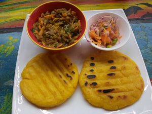 The "special" with lentil stew, salad and corn tortillas at Don Sanduchito in Puerto Villamil