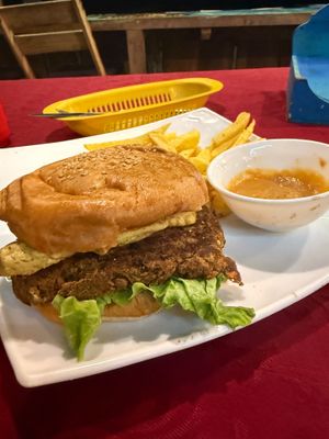 Mixed hamburger with shicken patty and homemade lentil patty  at Don Sanduchito in Puerto Villamil