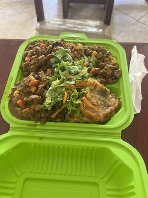 Large veggie box (only thing not vegan in this is the macaroni pie)  at De Ultimate in Bridgetown