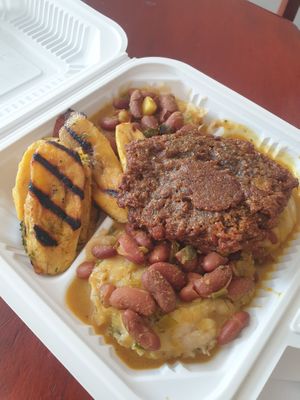 plantain, breadfruit mash, kidney bean and coconut curry, lentil fry ($16) at De Ultimate in Bridgetown