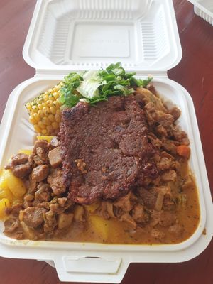 sweet corn, lentil fry, salad, cassava, breadfruit mash, lentil mash and soy chunk curry ($20) at De Ultimate in Bridgetown