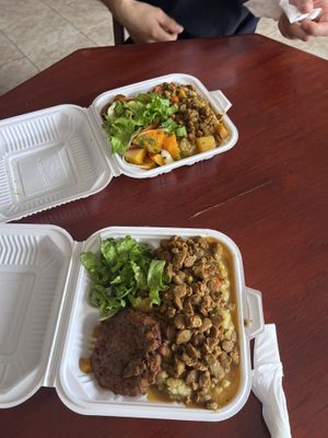 Mashed potatoes with soya stew, plantains and veggies  at De Ultimate in Bridgetown